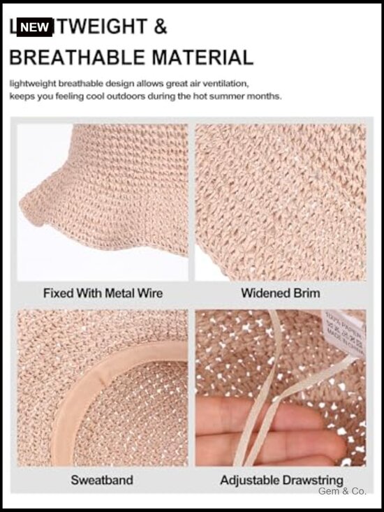 Straw Sun Hat Wide Brim Hand Woven Foldable Bucket Hat UPF 50+ main image 4